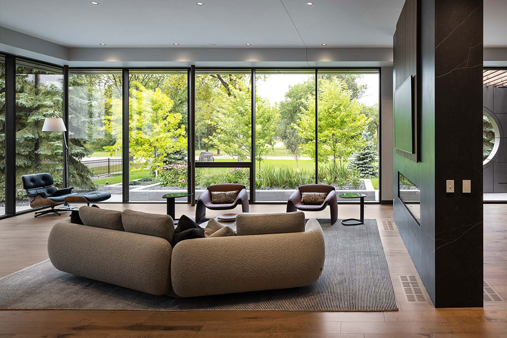 Modern living room with large windows