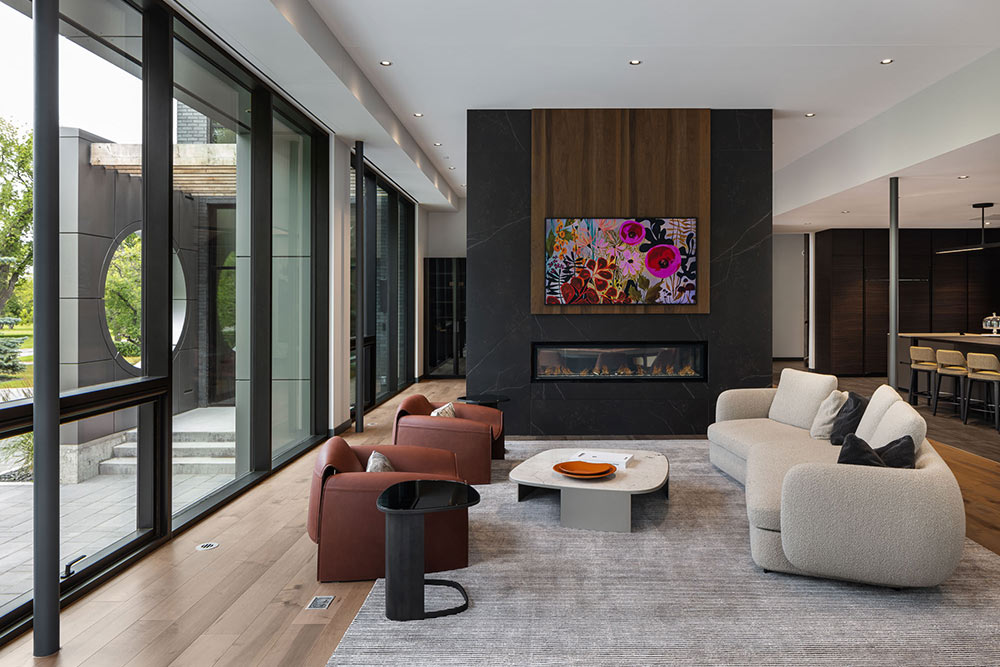 Modern living room with large windows